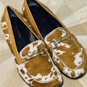 Donald J. Pliner Tan and White Cowhide Loafers with Metal Bit